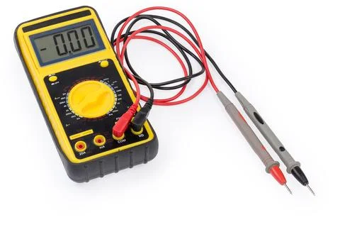 Modern universal digital multimeter with test leads on white background Stock Photos