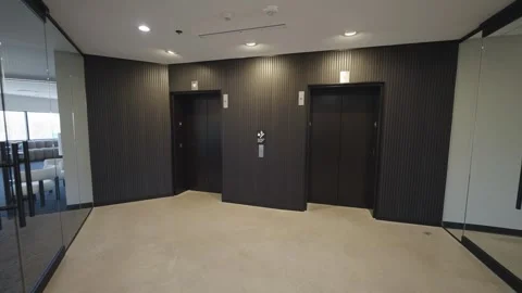 Modern Upscale Elevator Lobby with Sleek Black Panel Walls and Bright Lighting Stock Footage 296217511