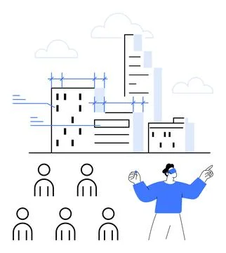 Modern Urban Development Architect Presenting City Plan to a Team of Six Co.. Stock Illustration