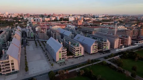 Modern urban housing complex viewed from above during golden hour Braco de Prata Video stock 346069551