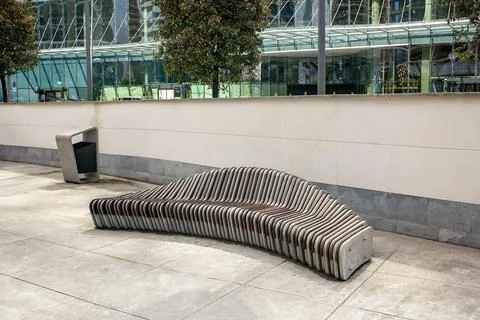 Modern Urban Parametric Bench Made Of Concrete And Wood Outdoor Stock Photos