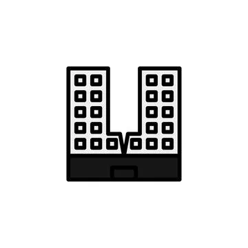 Modern urban structure featuring two towers connected by a bridging element.. Ilustración de archivo