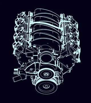 Modern V8 Engine. Outline style. Engineering Background. Stock Illustration