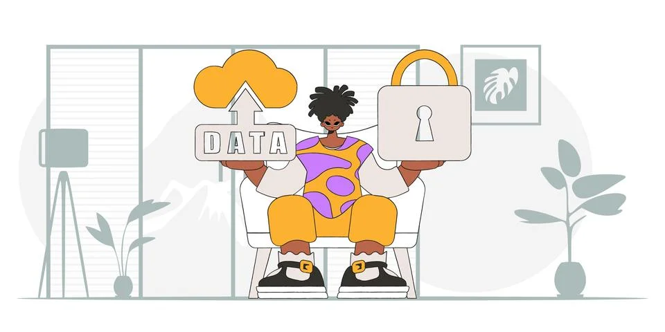 Modern Vector Character of Man with a Padlock and Cloud Storage. Stock Illustration