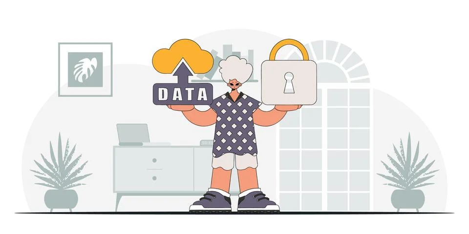 Modern vector character style of a man with a padlock and cloud storage. Ilustración de archivo