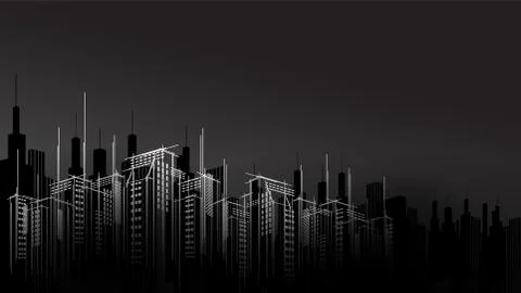 Modern vector dark night city horizon scape sky scraper background. Architect Stock Illustration