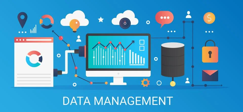 Modern vector flat gradient Data management concept template banner with icons Stock Illustration