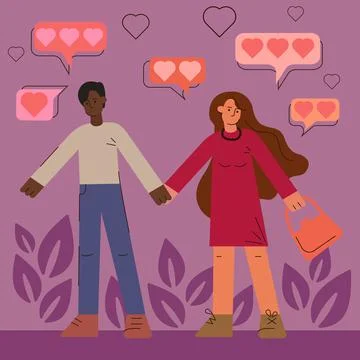 Modern vector flat illustration of a couple in love. A man and a woman hold h Stock Illustration