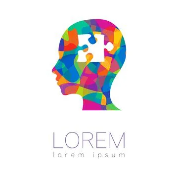 Modern vector Human silhouette head with puzzle inside. logotype isolated on Stock Illustration