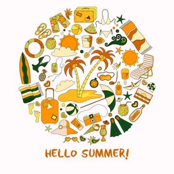Modern vector illustration with different summer vacation items and objects . Stock Illustration