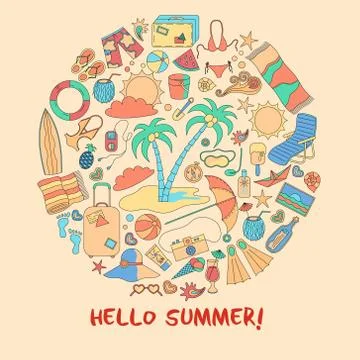 Modern vector illustration with different summer vacation items and objects . Stock Illustration