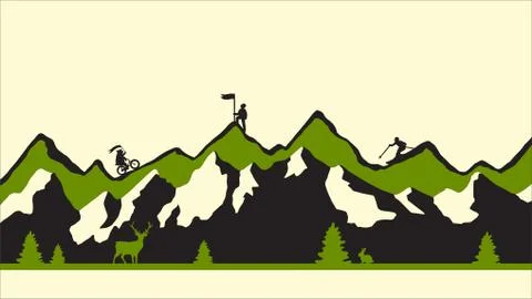 Modern vector illustration, green flat mountains with snow Stock Illustration