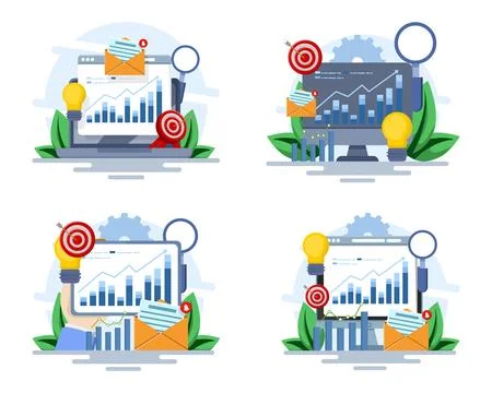Modern vector illustration set featuring business performance analysis, SEO. Stock Illustration