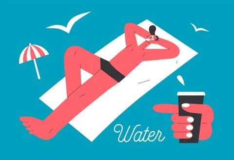 Modern vector illustration of a young man sunbathing on the beach Illustrazione stock