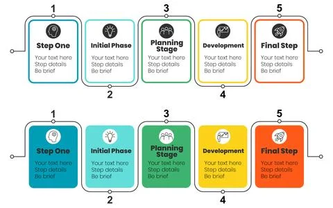 Modern vector infographic with five connected steps in colorful boxes. Ideal for Stock Illustration