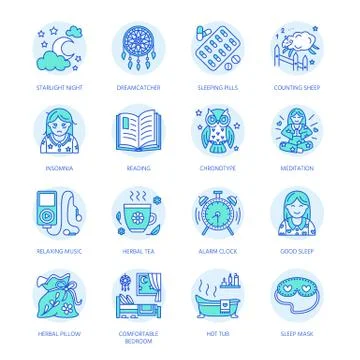Modern vector line icon of insomnia problem and healthy sleep. Clock, pillow 스톡 일러스트