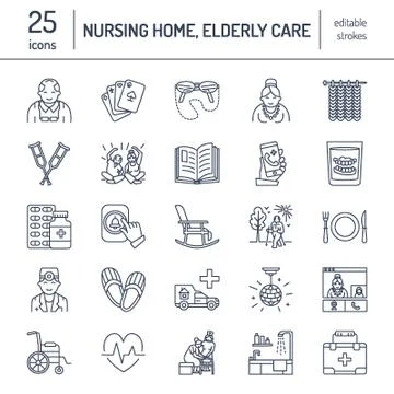 Modern vector line icon of senior and elderly care. Nursing home elements - old Illustrazione stock