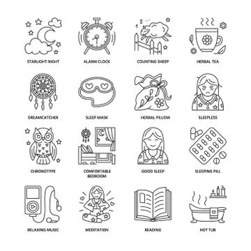 Modern vector line icon of sleepless and healthy sleep. Elements - clock, pillow Stock Illustration