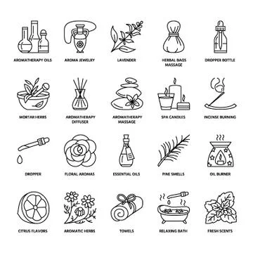Modern vector line icons of aromatherapy and essential oils. Elements - 库存插图
