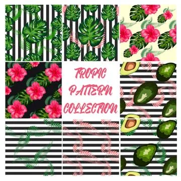 Modern vector seamless pattern with trendy tropical leaves and avocado. イラスト素材