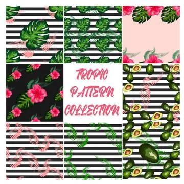 Modern vector seamless pattern with trendy tropical leaves and avocado. Illustrazione stock