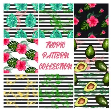 Modern vector seamless pattern with trendy tropical leaves and avocado. Illustrazione stock