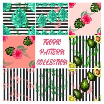 Modern vector seamless pattern with trendy tropical leaves and avocado. Illustrazione stock
