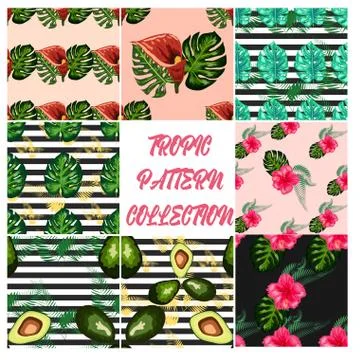 Modern vector seamless pattern with trendy tropical leaves and avocado. Illustrazione stock