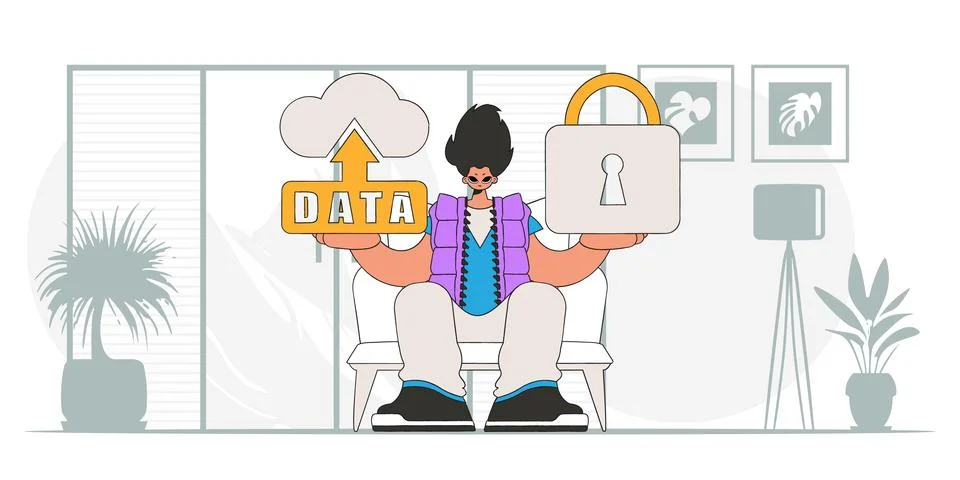 Modern vector style character of a man with a padlock and cloud storage. Stock Illustration