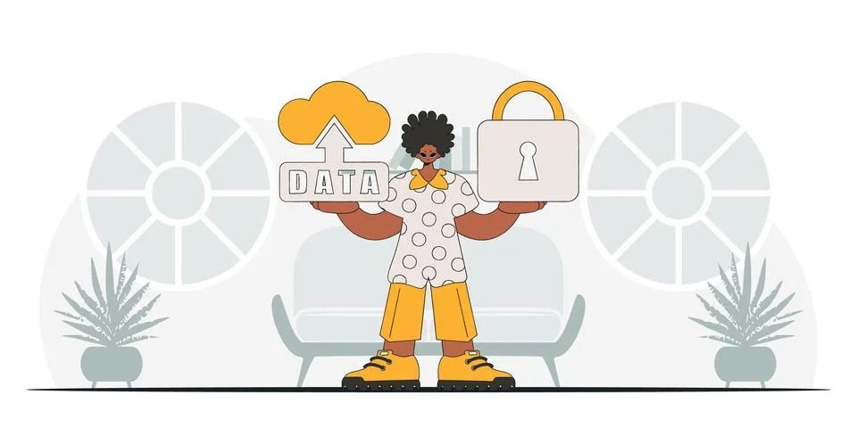 Modern vector style character, with padlock and cloud storage. Stock Illustration