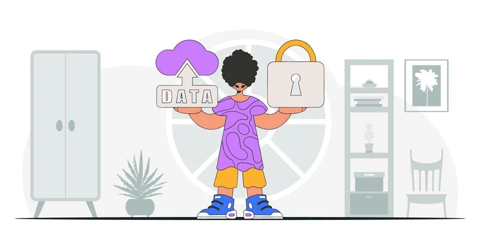 A modern vector.style character of a man with a padlock and cloud storage. Stock Illustration