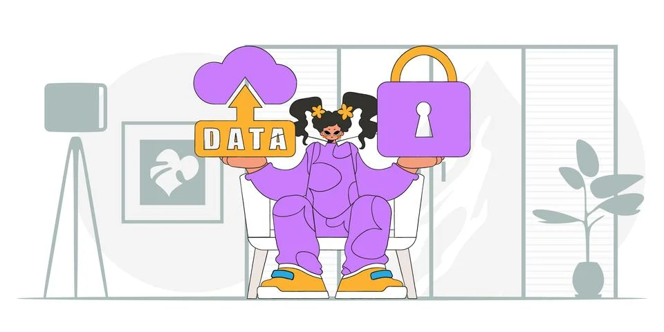 .A modern, vector.style girl with a cloud storage padlock. Illustrazione stock