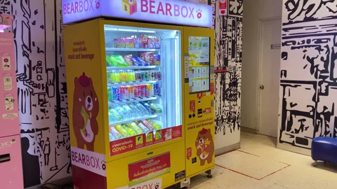 Modern Vending Machine ,Chips Snack Candy Water Drinks, Asia LED Touch Screen Video stock 247375489
