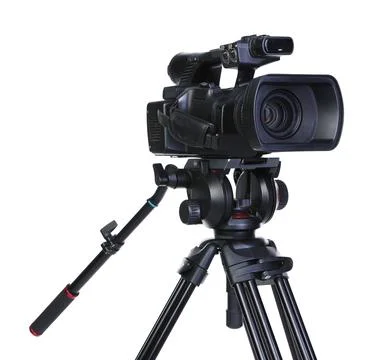 Modern video camera with tripod isolated on white Stock Photos