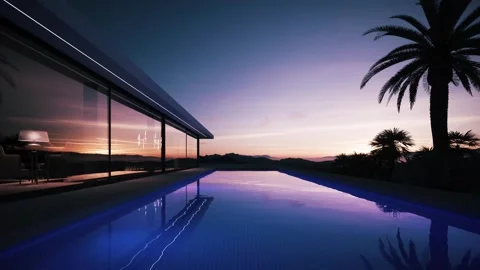 Modern Villa and Pool at Dusk Stock Footage 336333739