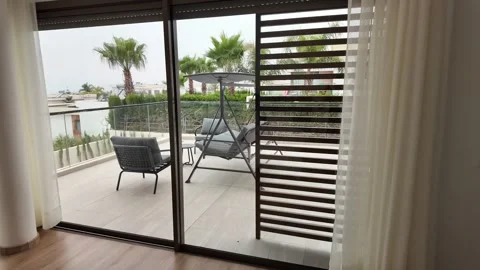 Modern Villa Interior with Balcony and Palm Tree View in Morocco July 10, 2026 Stock Footage 338004980