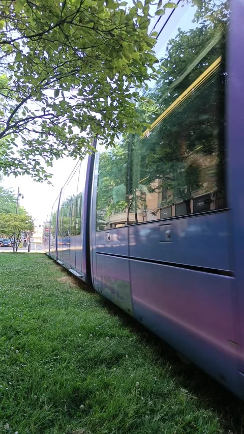 Modern violet mauve tram operating on green tracks in Reims city center, France Stock Footage 339982691