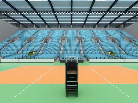 Modern volleyball arena with sky blue seats and VIP boxes Illustrazione stock