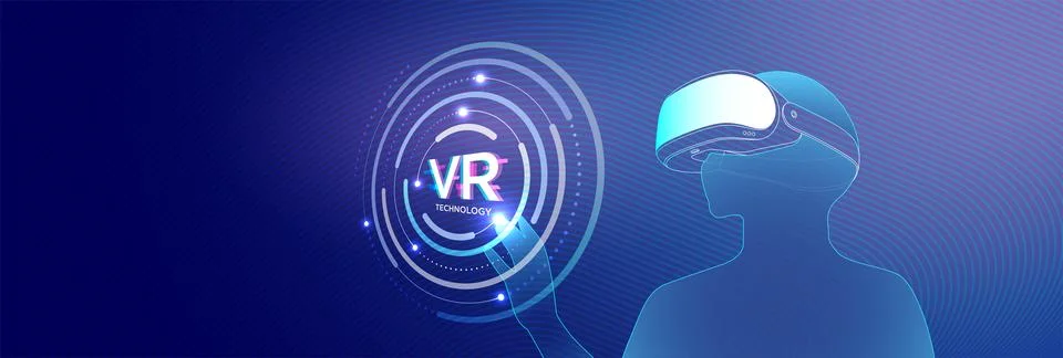 Modern VR technology concept showing a headset and hand interaction with gr.. Stock Illustration