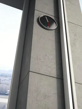 Modern wall clock on concrete wall of high-rise building, 3D Rendering Ilustración de archivo