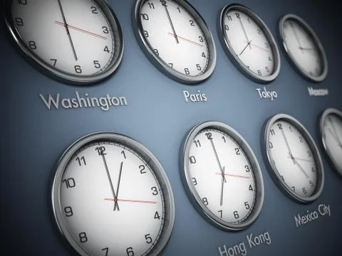 Modern wall clocks showing different time zones of world cities. 3D illustrat イラスト素材