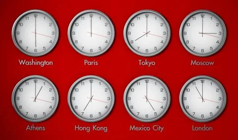 Modern wall clocks showing different time zones of world cities. 3D illustrat Stock-Illustration