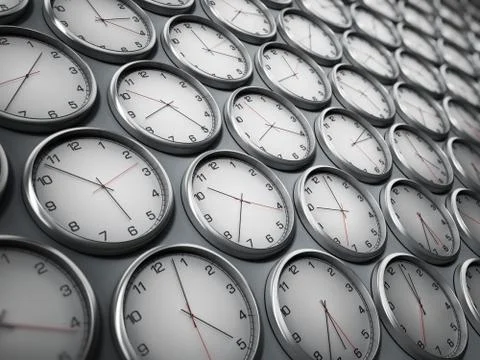 Modern wall clocks showing different time zones of world cities. 3D illustrat Stock Illustration