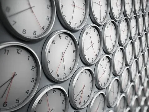 Modern wall clocks showing different time zones of world cities. 3D illustrat Stockillustratie