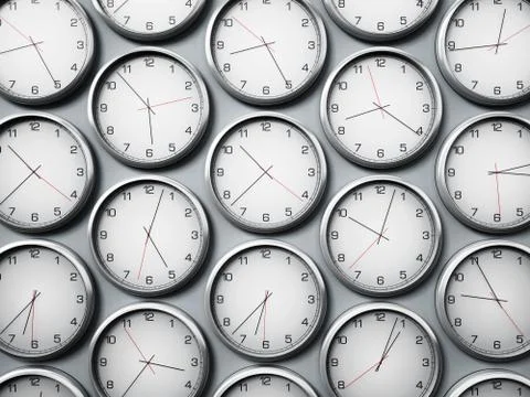 Modern wall clocks showing different time zones of world cities. 3D illustrat Stock-Illustration