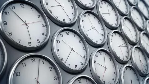 Modern wall clocks showing different time zones of world cities. 3D illustr.. Stockillustratie