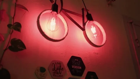 Modern Wall Mounted Edison Bulbs With Warm Red Ambient Lighting In Stylish Home Stock Footage 342704435