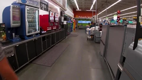 Modern Walmart grocery store interior front walkway and fountain drinks Stock Footage 184609083