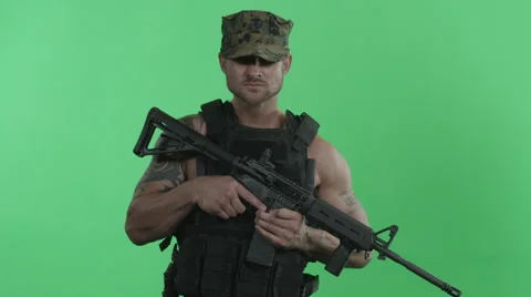 A Modern War Soldier Stands Ready To Fight (Green Screen). Stock Footage 45899800