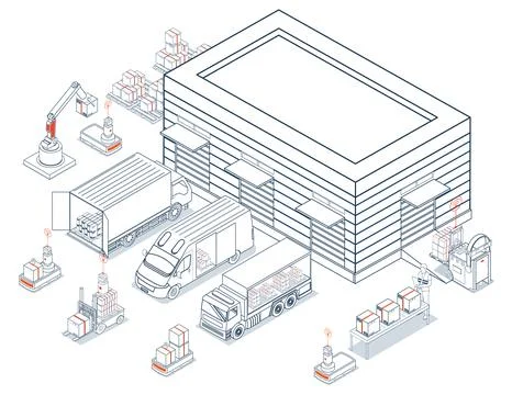 Modern warehouse with autonomous robots moving inventory. Essential visual .. Stock Illustration